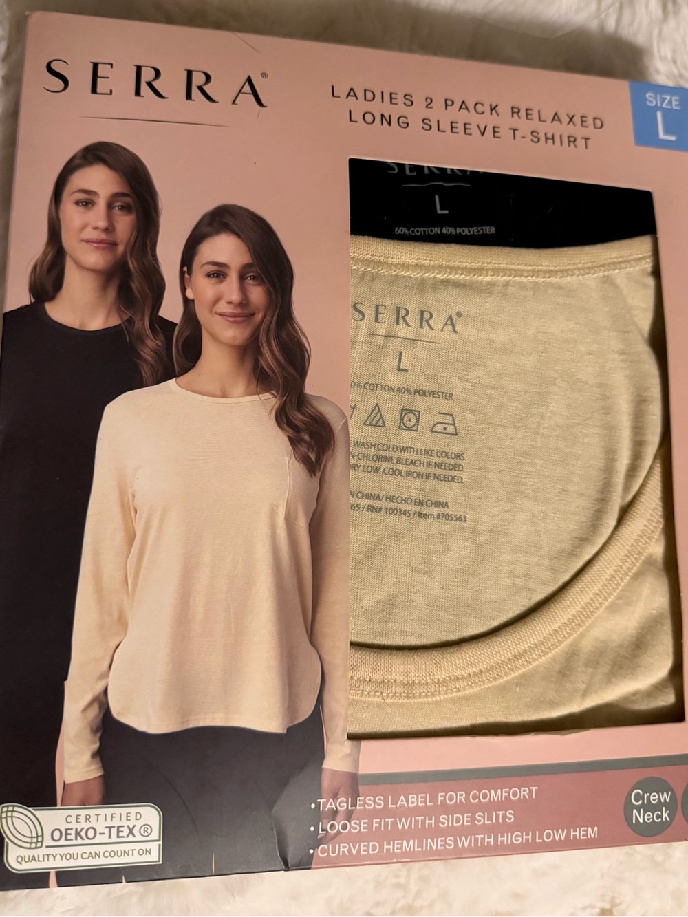 2 New Serra Long Sleeve crew neck Tees with Chest Pocket - Black & cream
